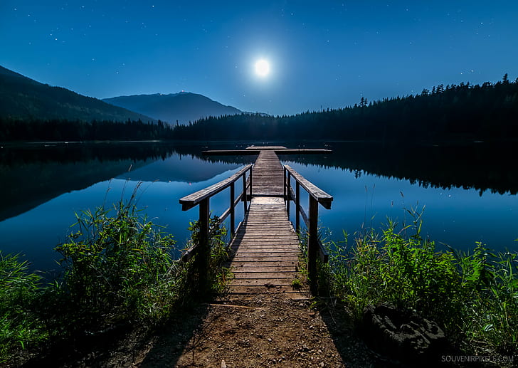 brown wooden dock on body of water during nighttime, No Hurry