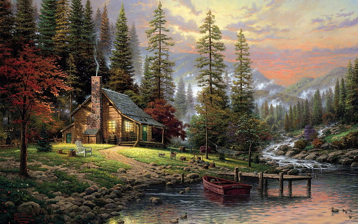 paintings landscapes nature trees forest houses artwork cabin thomas kinkade rivers 2560x1600 wal Architecture Houses HD Art