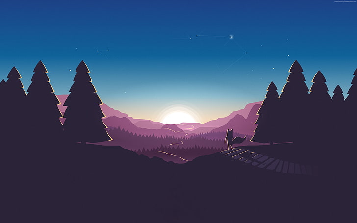 silhouette of trees, Moon, mountain, vector, nature, landscape