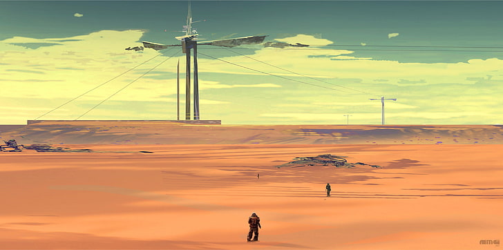 photo of two person walking on desert, landscape, science fiction