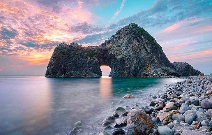 gray rock formation, gates, sunset, beach, stones, sea, nature, HD wallpaper