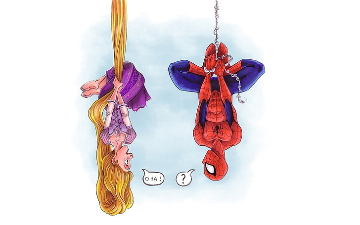 Spider-Man illustration, Rapunzel, movies, upside down, long hair