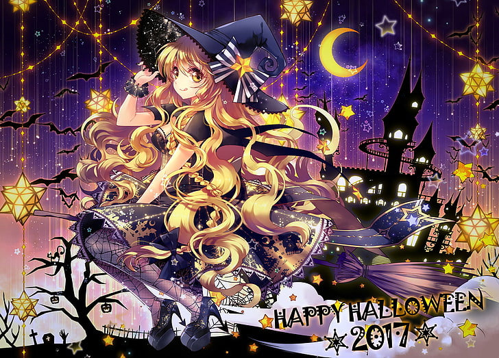 female witch anime character digital wallpaper, Halloween, witch hat, HD wallpaper