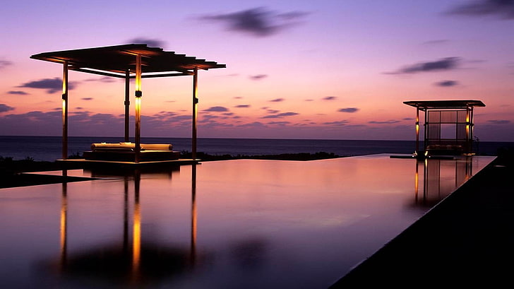 swimming pool, evening, resort, tropical, Caribbean, sea, lights, HD wallpaper