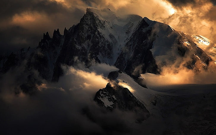snow-covered mountain, mountains, Alps, nature, summit, clouds