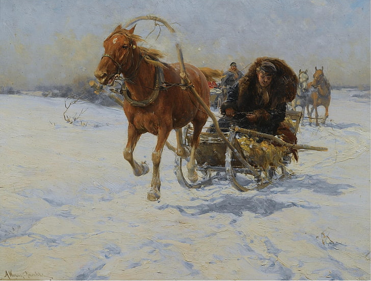 Alfred Kowalski-Wierusz, classic art, artwork, Polish, snow, HD wallpaper