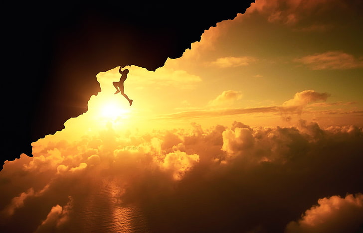 silhouette of man climbing mountain with cloudy skies, landscape, HD wallpaper