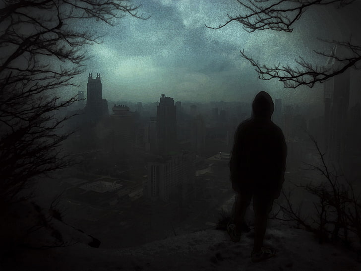 silhouette of man illustration, Shanghai, rear view, dark, alone