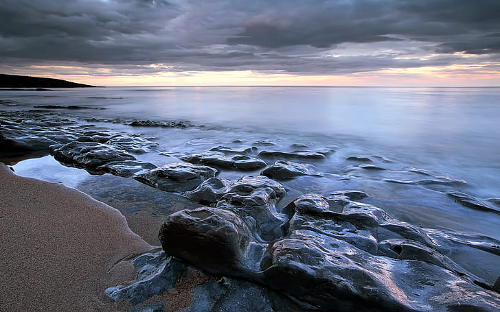 water, rock, sand, sea, beach, clouds, nature, shore, HD wallpaper