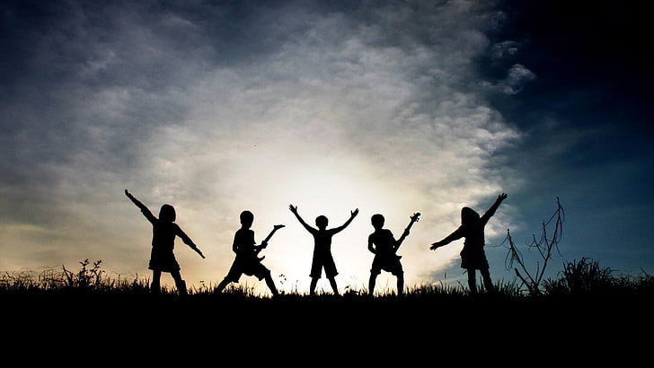silhouette of five kids, children, group of people, togetherness
