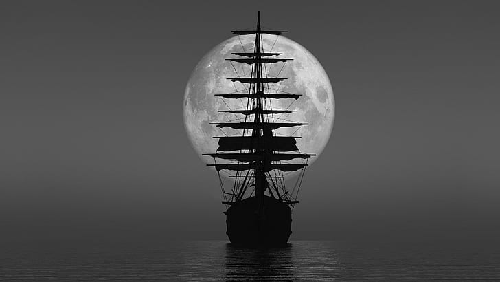 moon phases, sea, ship, silhouette, monochrome, vehicle, sailing ship, HD wallpaper