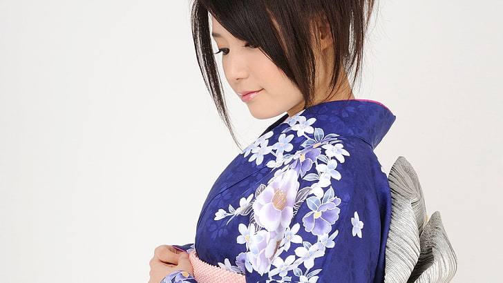 women's blue floral kimono, Japanese clothes, brunette, Asian