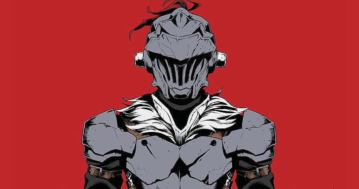 anime, goblin slayer, armor, red background, colored background