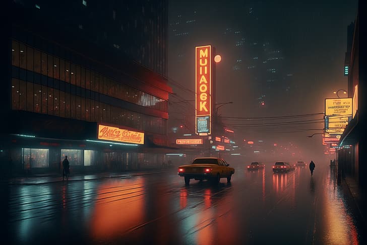 AI art, Blade Runner, cyberpunk, noir, city, street, rain, neon