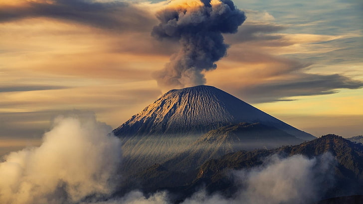 volcano eruption illustration, mountains, smoke, sky, mt Fuji