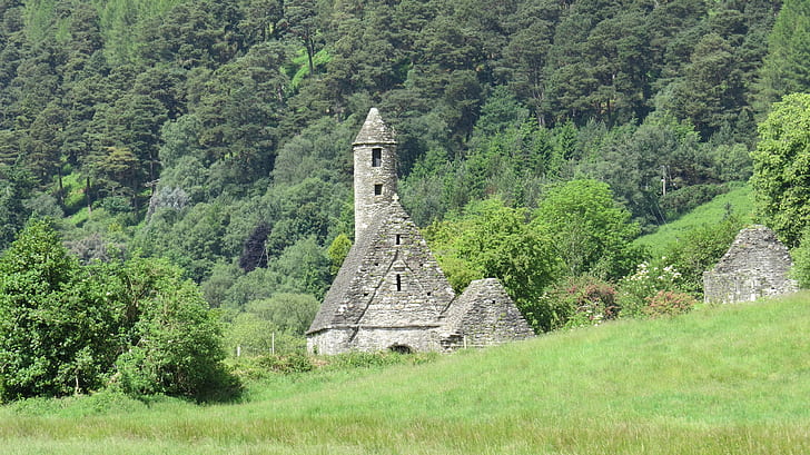 church, glendalough, green, idyllic, ireland, irish, scenic, HD wallpaper