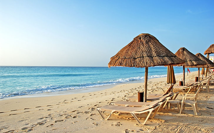 brown patio umbrella, beach, chairs, sand, umbrellas, sea, vacations, HD wallpaper