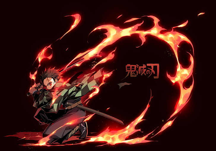 Anime, Demon Slayer: Kimetsu no Yaiba, Boy, Fire, Katana, Red Eyes