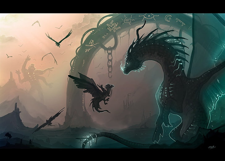dragons illustration, fantasy art, animal, animal themes, animal wildlife, HD wallpaper