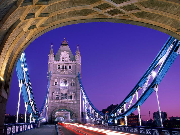 architecture, bridge, London, England, light trails