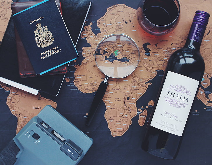 passport, map, wine of greece, magnifier, Others, table, still life