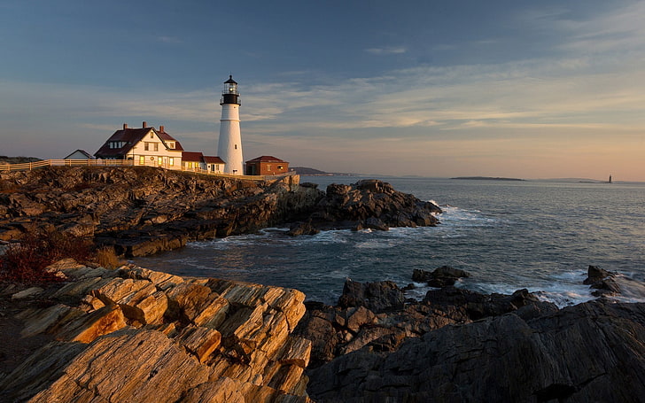 white lighthouse, landscape, nature, sea, coast, Portland, Portland Head Light, HD wallpaper