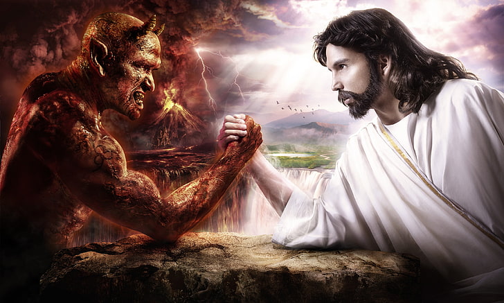 Jesus vs Devil digital wallpaper, digital art, God, Satan, women