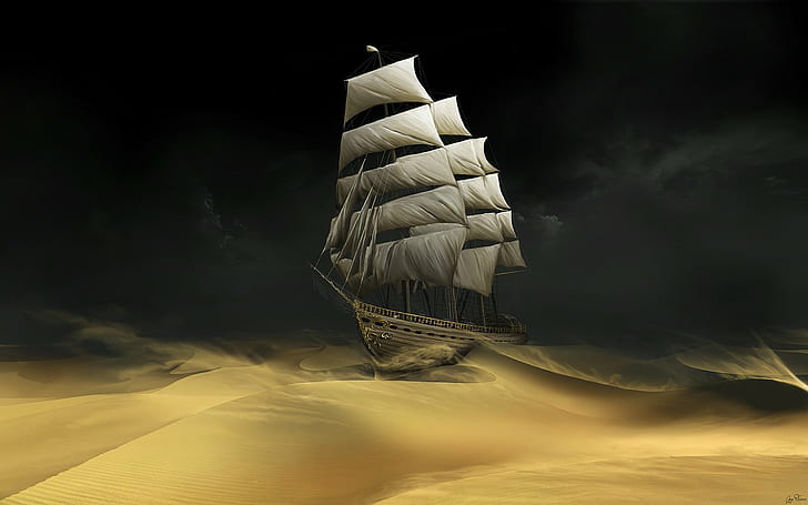 fantasy art, desert, Tintin, sailing ship, artwork, movies