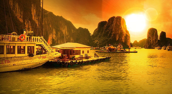 Vietnam, Ha Long Bay, white boat, Aero, Creative, water, nautical vessel, HD wallpaper