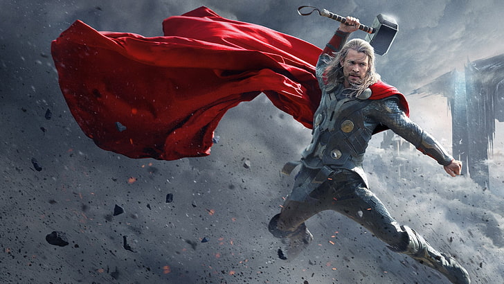 Thor, Chris Hemsworth, Mjolnir, full length, one person, red, HD wallpaper