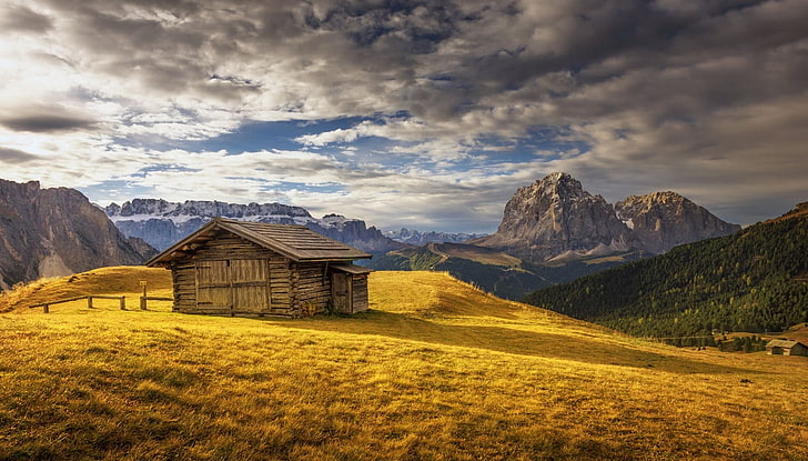 brown cabin, nature, photography, landscape, hut, mountains, dry grass, HD wallpaper