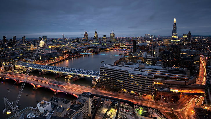 London, bridge, city lights, cityscape, light trails, River Thames, HD wallpaper