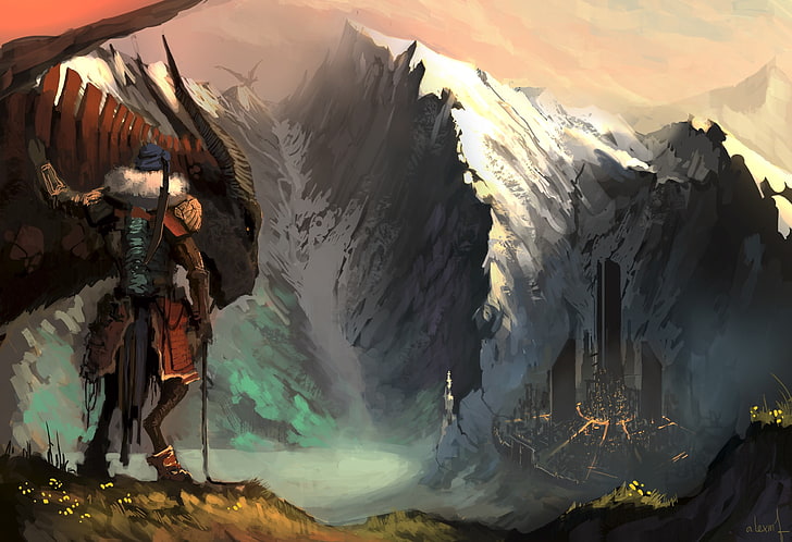 person standing with dragon graphic wallpaper, fantasy art, mountain