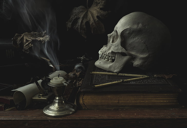 human skull, table, candle, book, wood - Material, old-fashioned, HD wallpaper