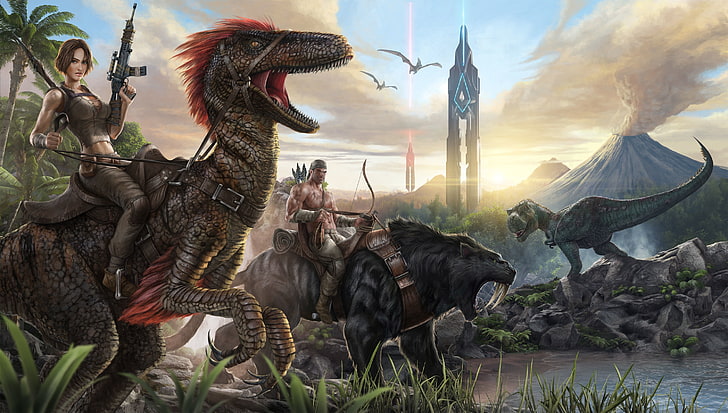 ark: survival evolved, landscape, dinosaurs, guns, bows, tower, HD wallpaper