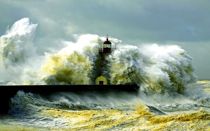 Lighthouse, storm, sea, coast, waves, HD wallpaper