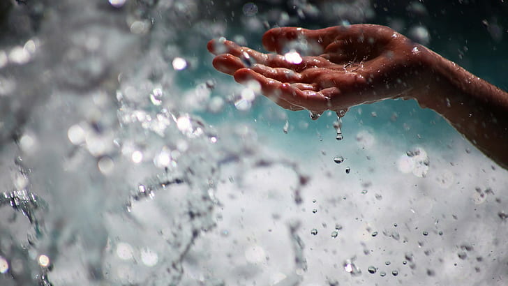 water, hands, water drops, splashes, bokeh