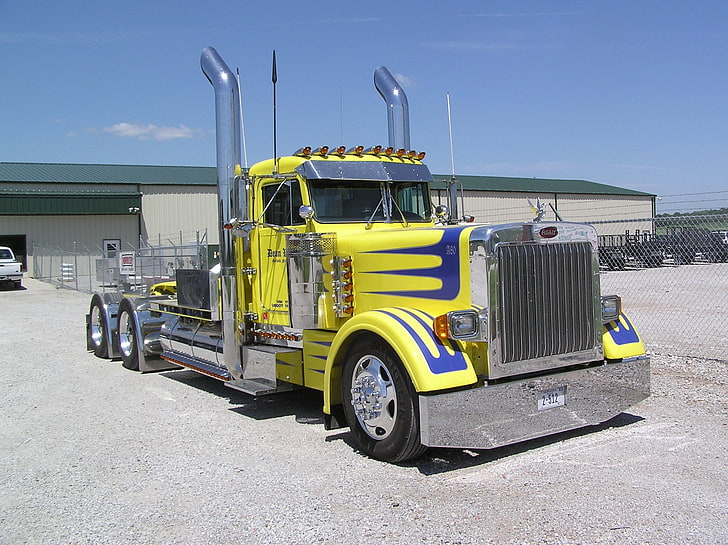 yellow freight truck, peterbilt, 359, custom, semi-Truck, transportation, HD wallpaper