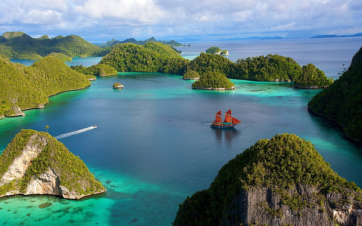 Indonesia, sea, landscape, ship, sailing ship, island, hills, HD wallpaper