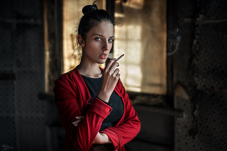 women's red cardigan, Alla Berger, model, smoke, portrait, Georgy Chernyadyev
