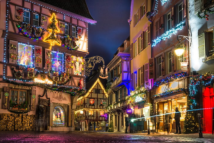 night, lights, France, Christmas, Colmar, HD wallpaper