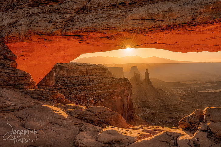 rays, light, rocks, morning, Utah, USA, Mesa Arch, the sun