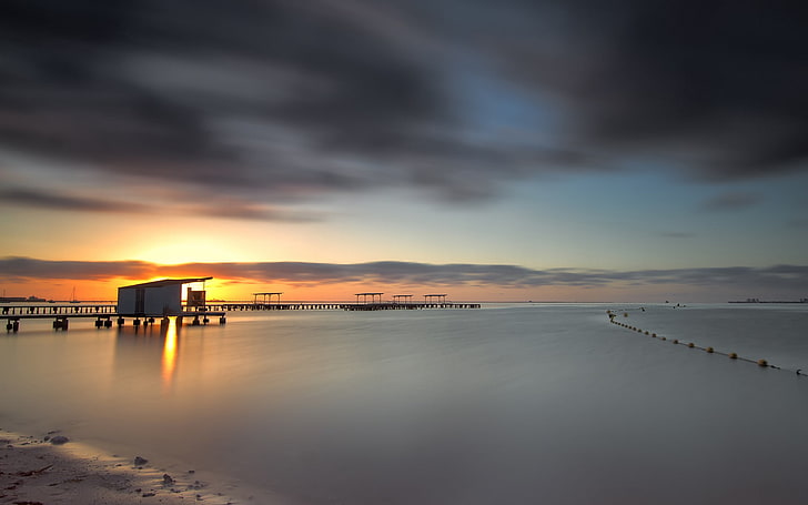 beach, sea, pier, sunlight, sky, water, cloud - sky, sunset, HD wallpaper
