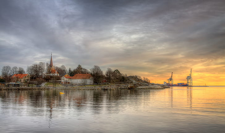 church, water, river, Larvik, Norway, HDR, cranes (machine), HD wallpaper