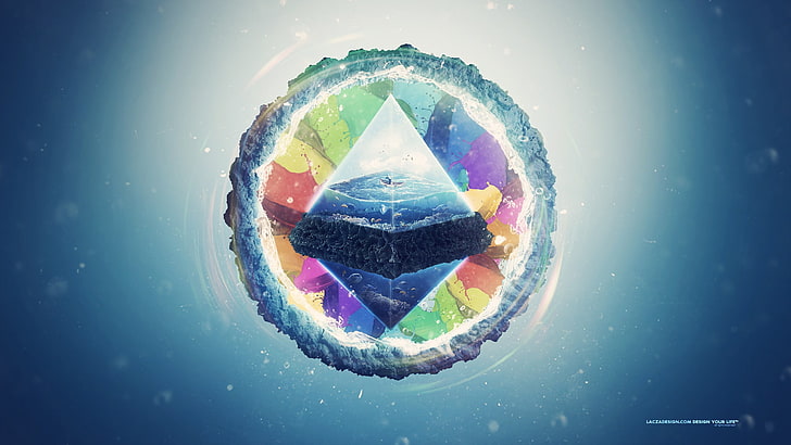 multicolored pyramid logo, abstract, Lacza, aquarium, boat, painting, HD wallpaper