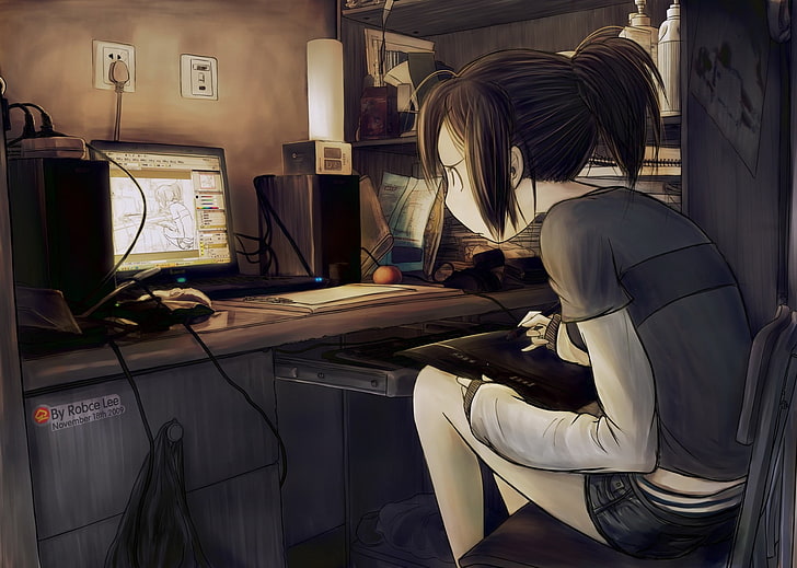 woman using computer illustratin, detailed, anime girls, original characters