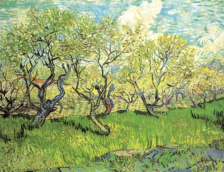 grass, clouds, trees, Vincent van Gogh, in Blossom 2, Orchard