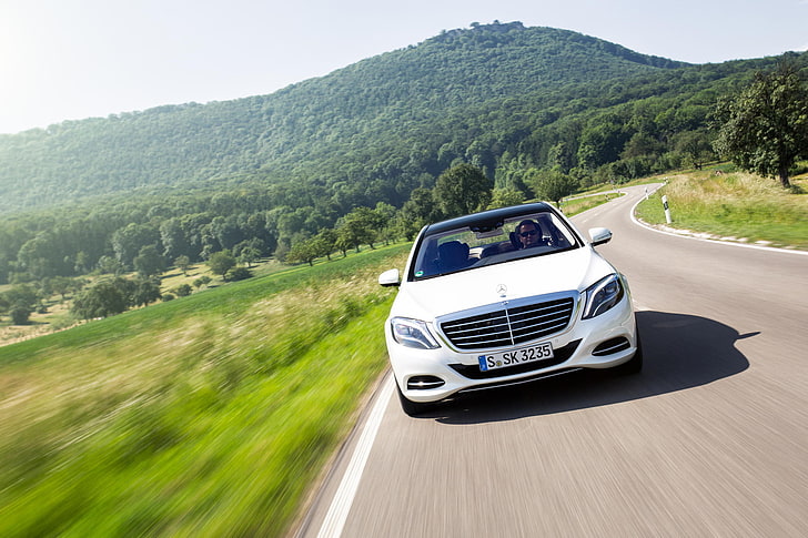 movement, hills, Mercedes-Benz, speed, white, AMG, front, Stuttgart, HD wallpaper