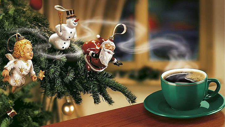 Coffee smell on Christmas morning, green ceramic coffee cup and saucer, HD wallpaper