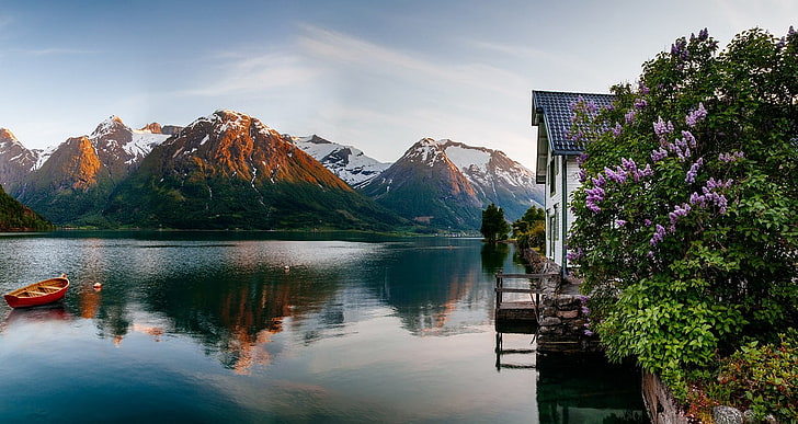 orange row boat, spring, fjord, Norway, mountains, house, flowers